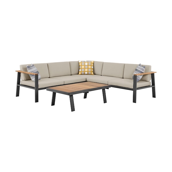 Armen Living Nofi Outdoor Patio Sectional Set in Charcoal Finish with Taupe Cushions and Teak Wood SETODNOSEBE - main